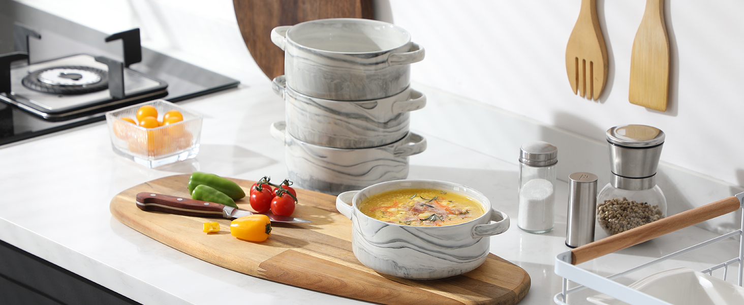 MALACASA Набір супових тарілок з ручками, 800 мл, порцеляна, 4 шт, серія Regular (сірий)