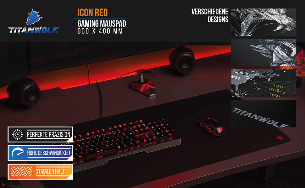 Килимок для миші Titanwolf Schwarz XXL 900x400mm - великий килимок для геймінгу, чорний, покращена точність та швидкість