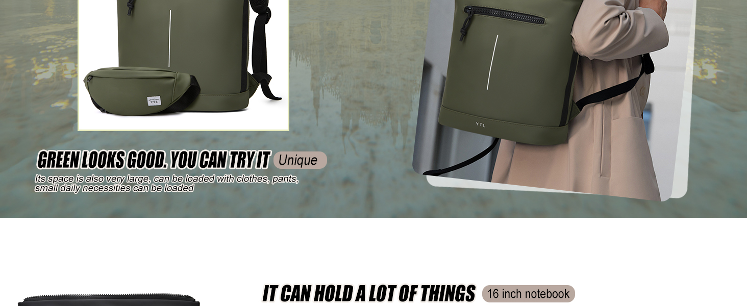 Чорний рюкзак YTL Rolltop з відділенням для ноутбука 17 дюймів. Ідеальний для подорожей, школи, університету, велопоїздок.