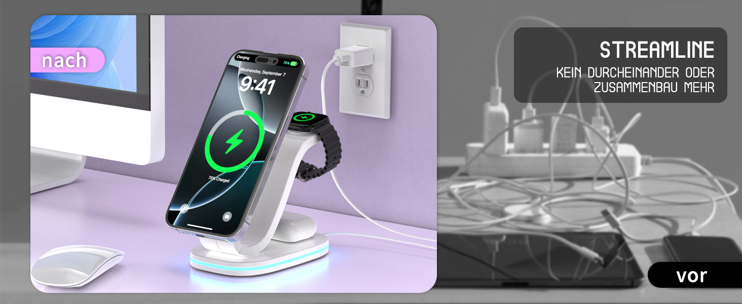 Зарядний пристрій Aimtel Schwanenhals 3-в-1 Qi2 MagSafe для Apple Watch, iPhone 17 Pro Max/17/16/15 та AirPods (30W) білий