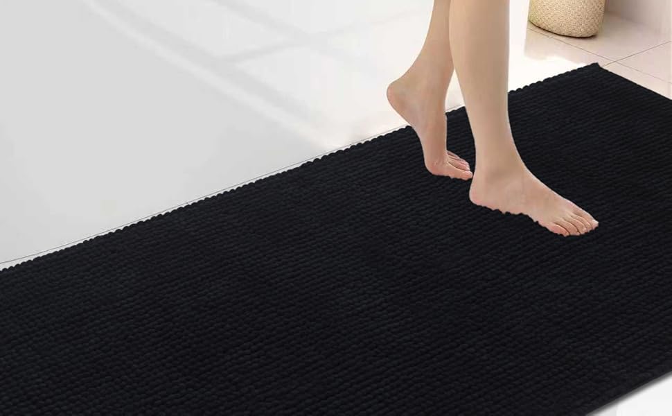 Великий килимок для ванної кімнати Chenille 50x120 см, антиковзаючий м'який килим у ванну з високим ворсом 1.5 см, гігроскопічний та придатний для прання (Чорний)