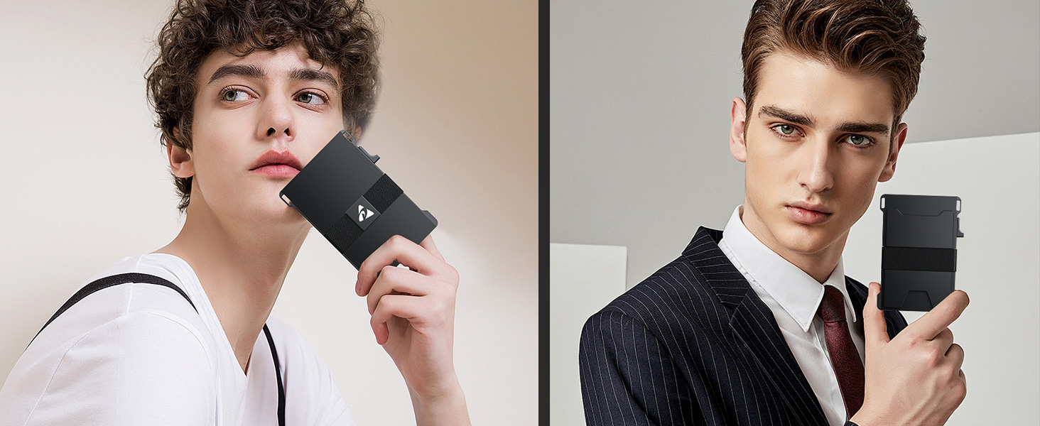 Чоловіче картхолдер з алюмінію, мінімалістичний, Pop-Up, тонкий, RFID захист, для передньої кишені, вміщує 12 карт + гроші, чорний