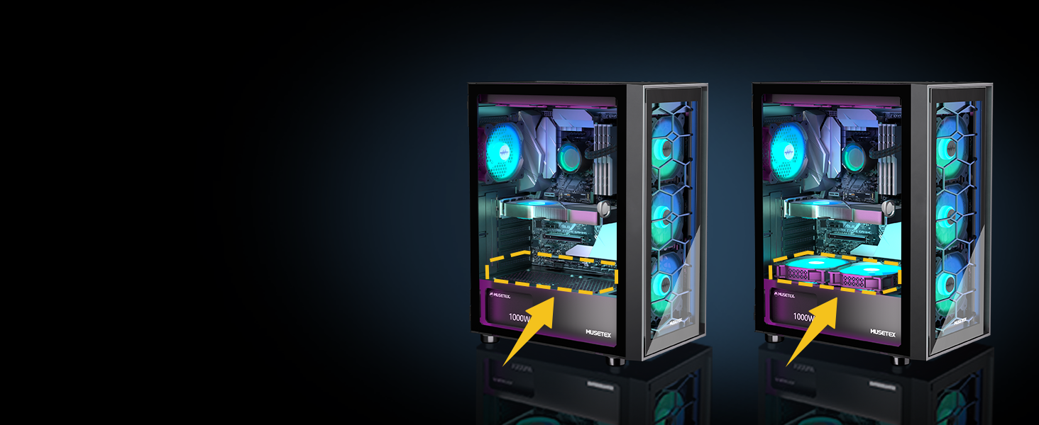 Корпус ПК MUSETEX G07 ATX з 6 вентиляторами ARGB, USB 3.0, чорний, Mid Tower для геймінгу