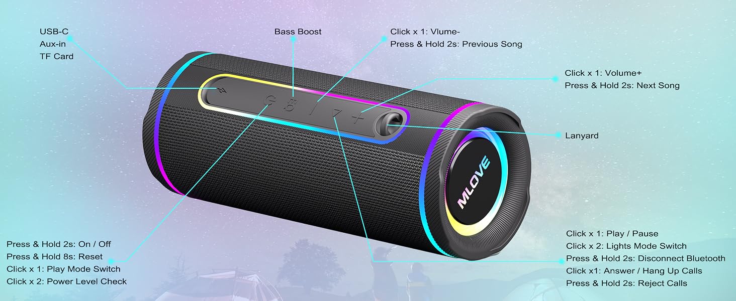 Портативна Bluetooth колонка MLOVE E80 30W, IPX7, з підсвіткою, мікрофоном, MicroSD, TWS