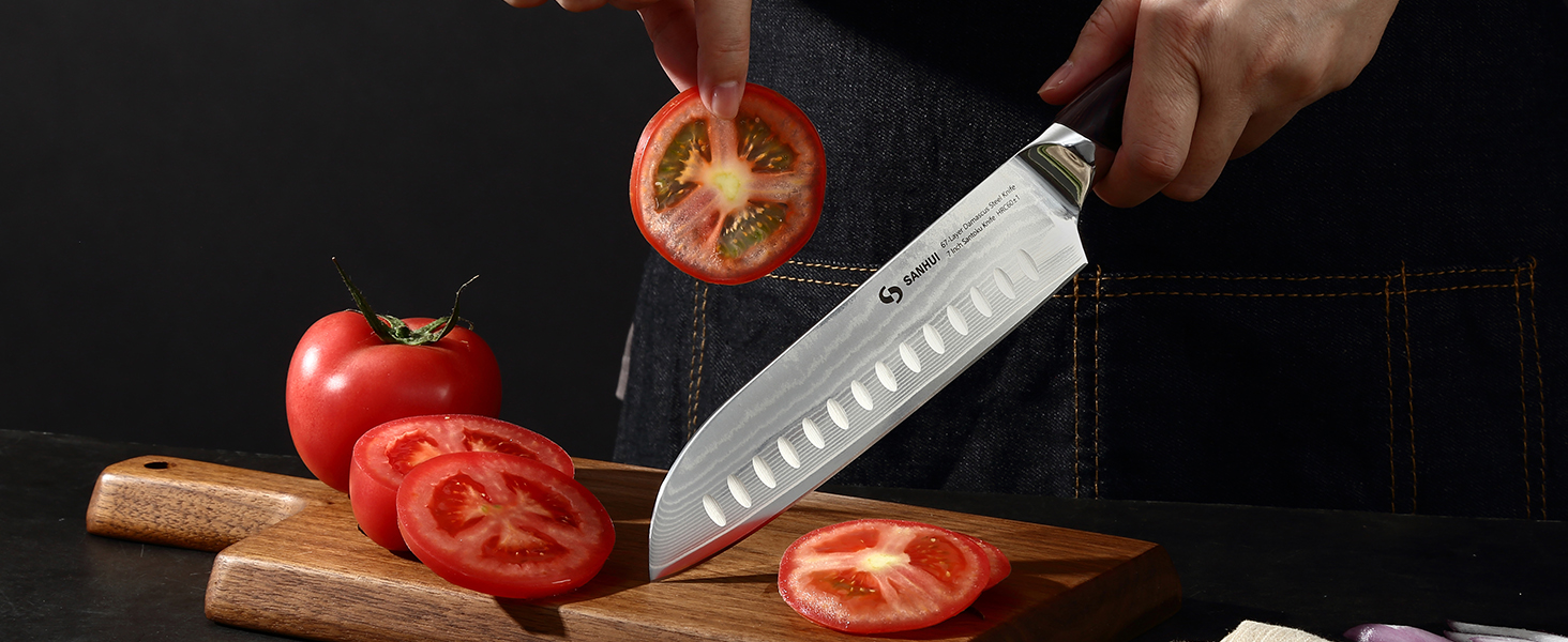 Набір кухонних ножів Sanhui Damast: 3 ножі з дамаської сталі з ручками з паккавуда. Професійний набір ножів у подарунковій коробці - ідеальний для професійних та аматорських кухарів.