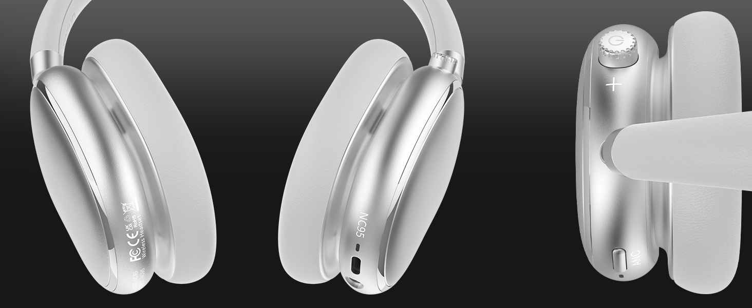 Навушники бездротові Bluetooth 6.0 NC95 з активним шумозаглушенням, сріблясті. До 120 годин роботи, налаштування EQ через додаток, для подорожей та спорту