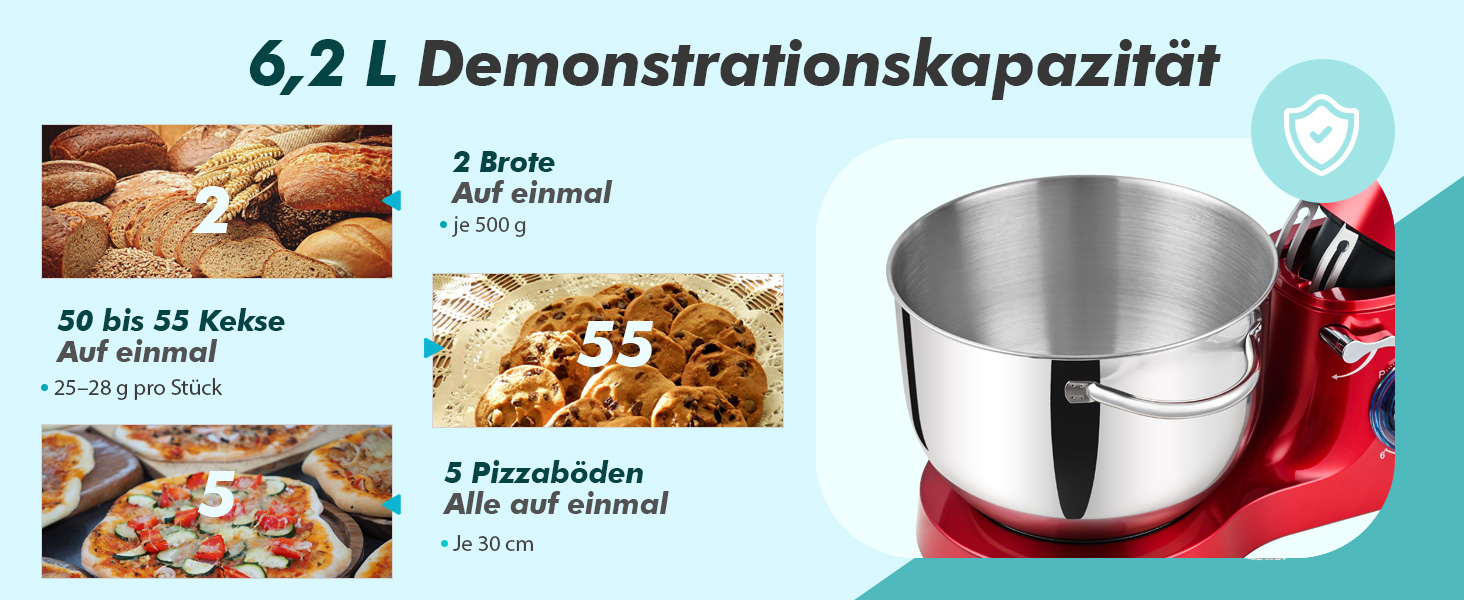 Кухонна машина Küchenmaschine 6.2 л, 1400 Вт, 6 швидкостей з набором насадок (міксер, гак для тіста, вінчик)