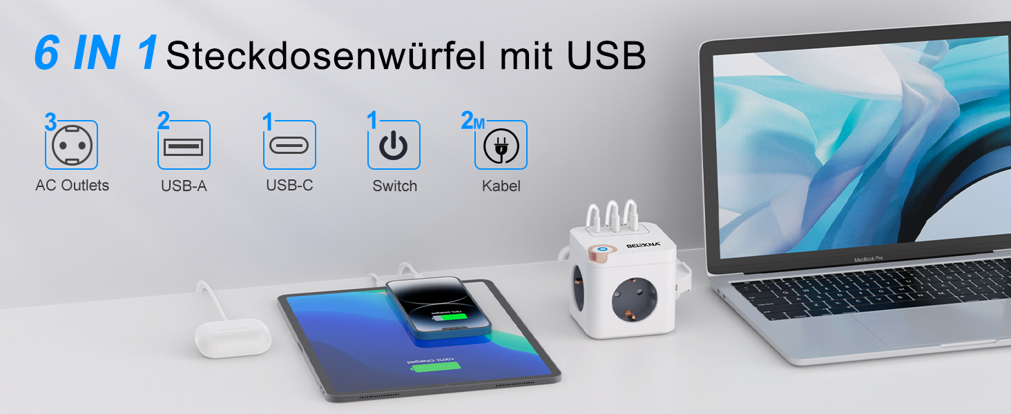 Мережевий концентратор з 4 USB-портами, настінний, 4 розетки, захист від перенапруги, 2 USB-C розетки, вимикач, 4000W, 16A, білий