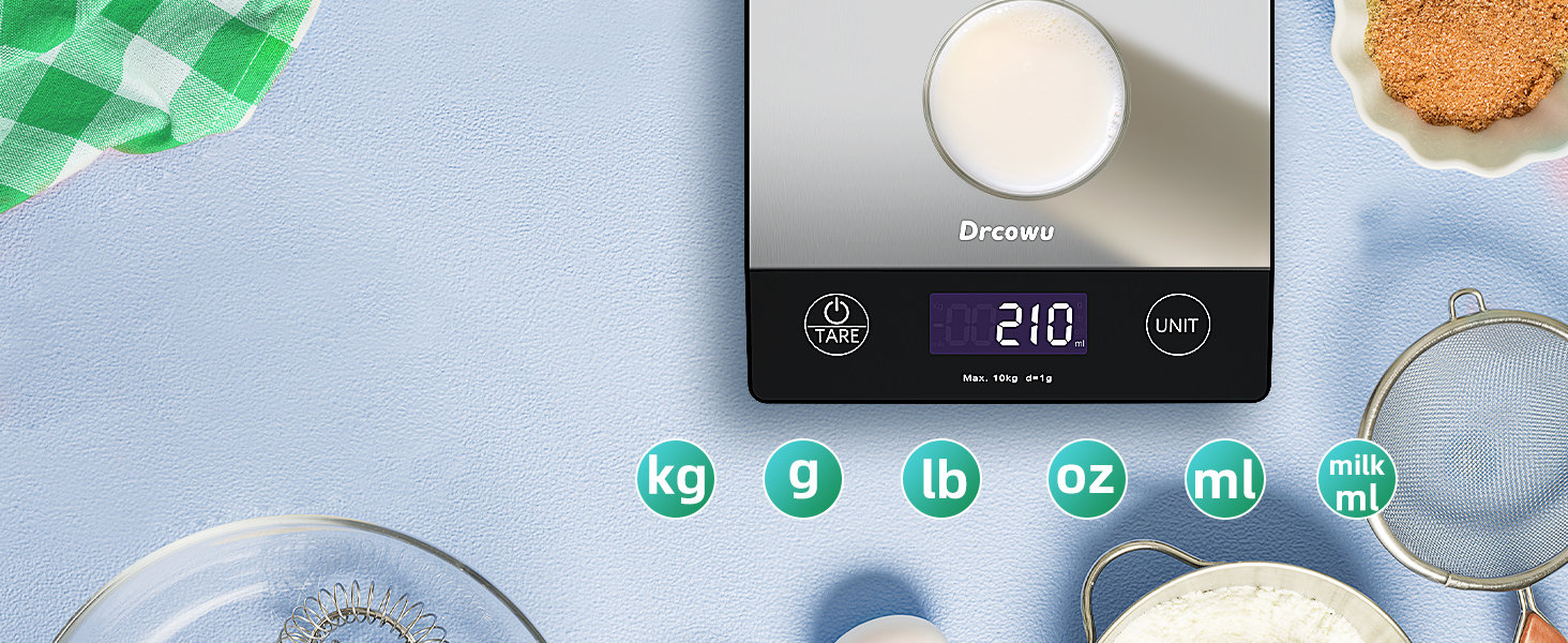 Кухонні ваги Dr. Cowu - цифрові, до 10 кг, LCD-дисплей, багатофункціональні, точність 1 г, функція тарування, 6 одиниць вимірювання, для приготування та випічки