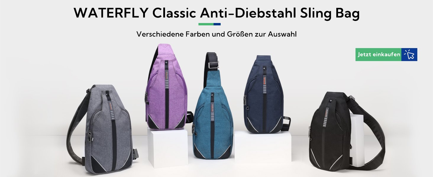 Сумка через плече WATERFLY Anti-Diebstahl для жінок та чоловіків, чорна (M)