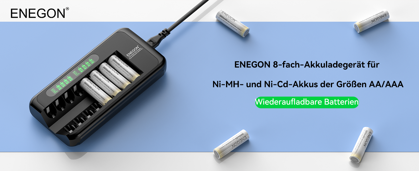 Зарядний пристрій ENEGON для акумуляторів NI-MH/NI-CD з LCD-дисплеєм, 8 слотів, AA/AAA