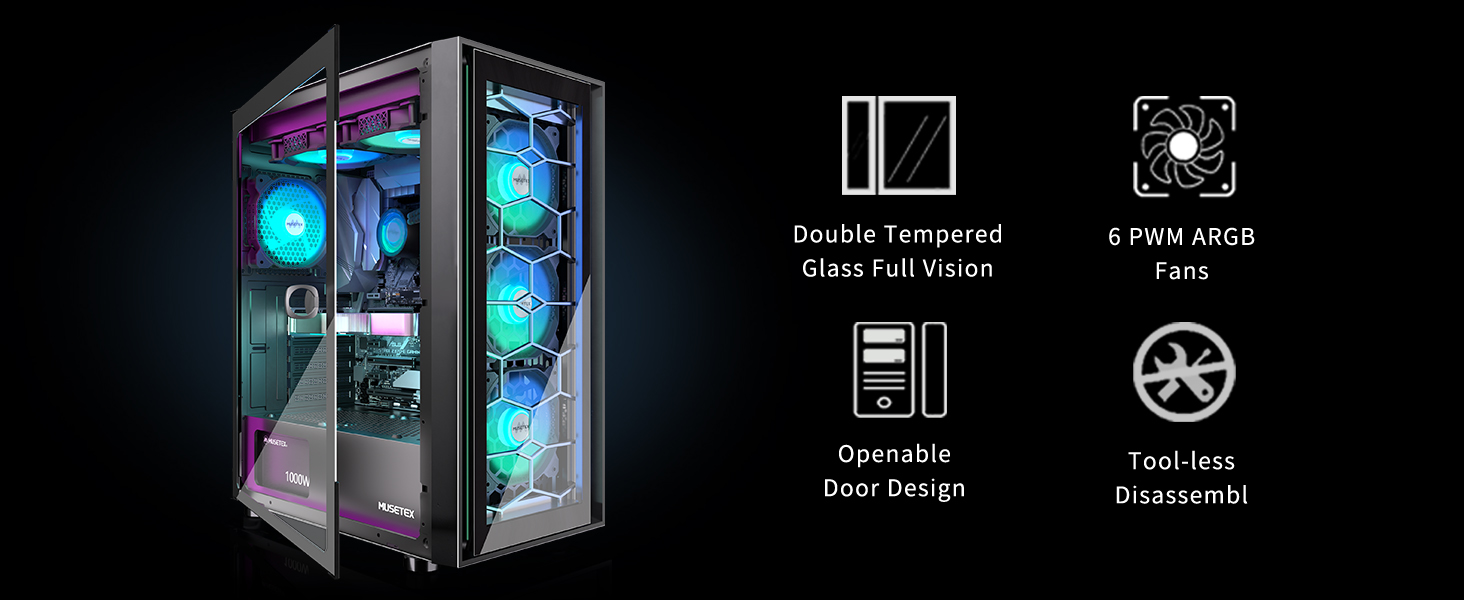 Корпус ПК MUSETEX G07 ATX з 6 вентиляторами ARGB, USB 3.0, чорний, Mid Tower для геймінгу