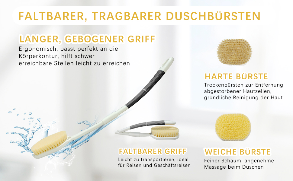 Рюкенbürсте для спини 50 см: складана щітка для душу з довгим руків'ям для ексфоліації, суха щітка для душу, щітка для ванни з змінною насадкою, підходить для людей похилого віку