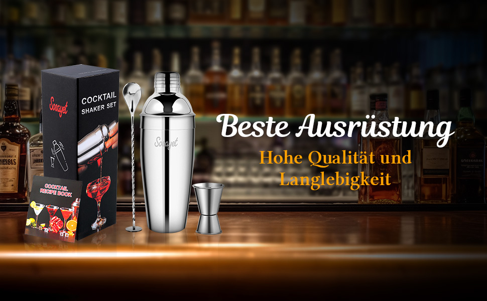 Набір шейкер для коктейлів Sosayet, нержавіюча сталь, аксесуари, рецепти, 750 мл, для початківців та професіоналів, подарунок для чоловіків (3 шт.)