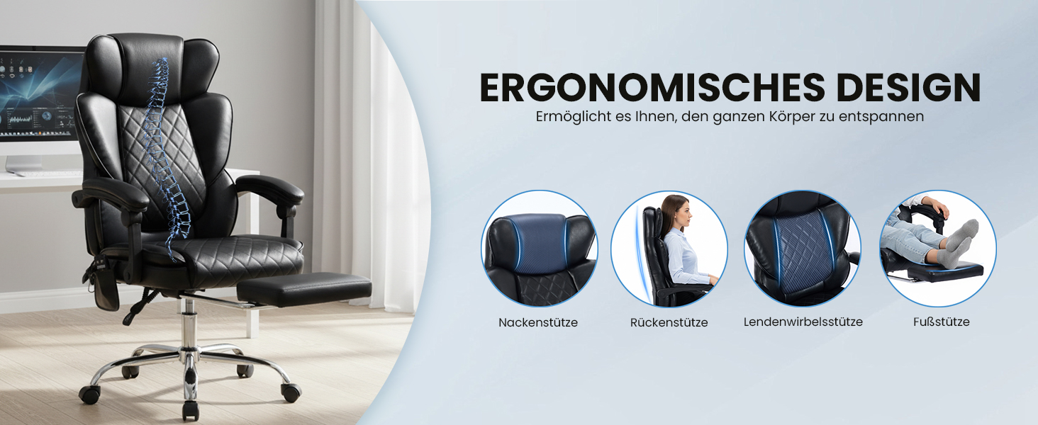 Офісне крісло Colamy з ергономічною підтримкою спини, регульованою підголівником та функцією масажу (чорний)