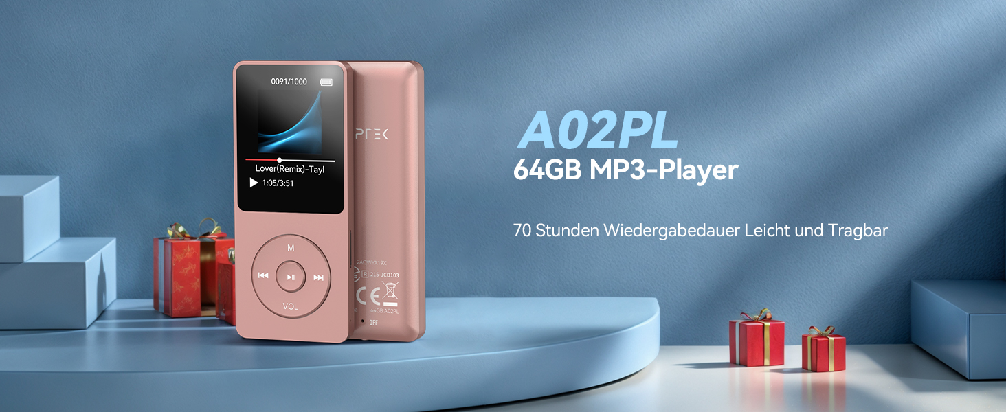 MP3 плеєр AGPTEK 64GB HiFi музичний плеєр з часом роботи до 70 годин, підтримка карт пам'яті до 128 ГБ, легкий та компактний, рожевий