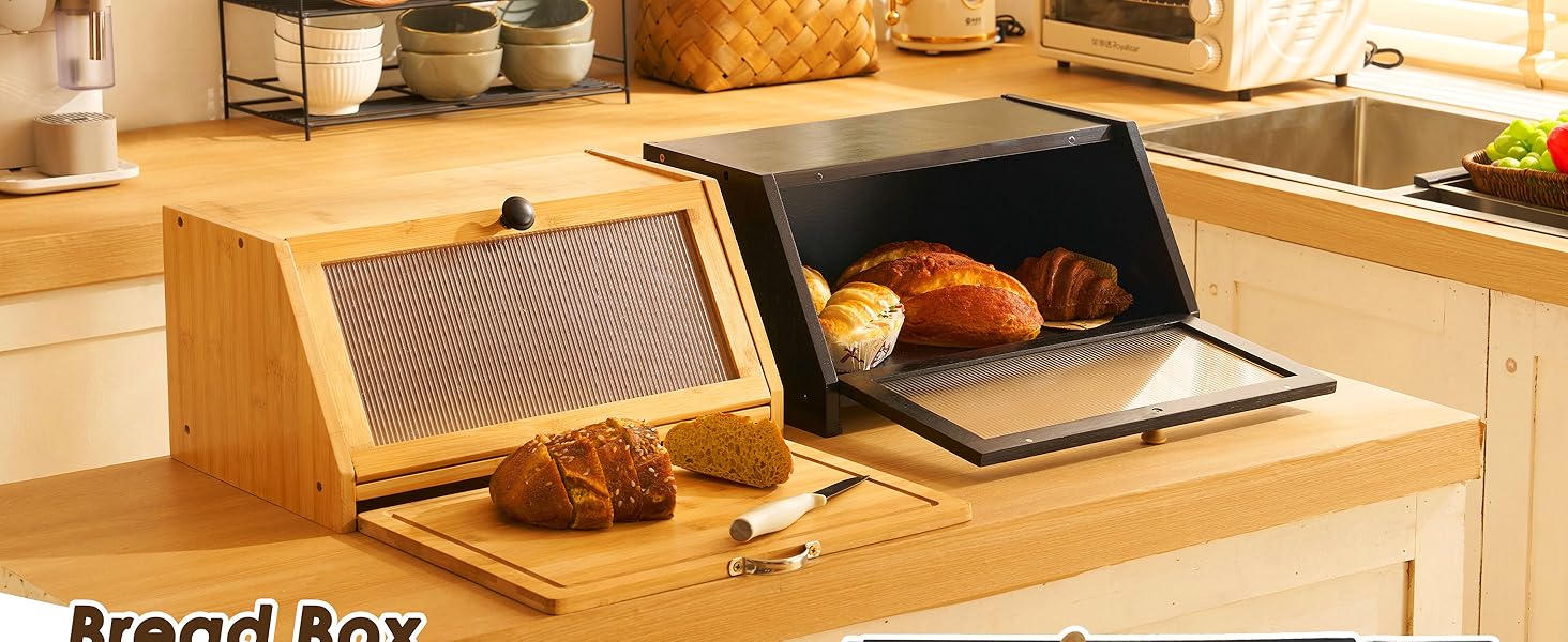 YOUDENOVA Хлібниця з дощечкою для нарізання, дерев'яна хлібниця, коробка для зберігання, бамбукова скринька для хліба, солі та перечниці, 39x25x20 (ДxШxВ) см, Чорний