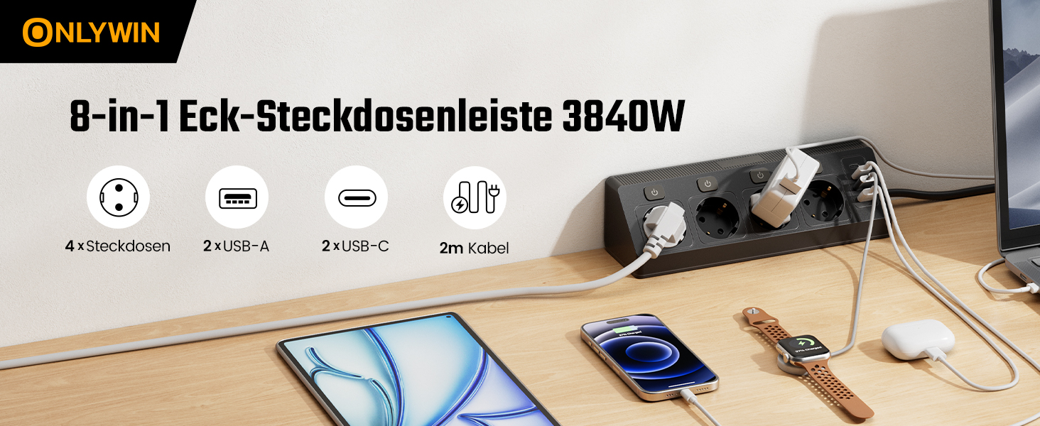 Розетка кутова ONLYWIN з 2 USB та 2 Type-C, 16A/3840W, настінний монтаж, 2м кабель, для офісу, кухні та вітальні, білий (чорний)