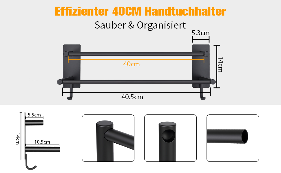Тримач для рушників без свердління, 60 см, самоклеючий, з гачками, нержавіюча сталь, вологостійкий, для ванної кімнати та кухні (Чорний, 40 см)
