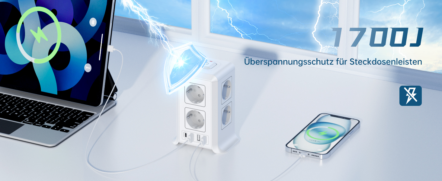 Багаторозкладна мережева панель Sameriver 8-fach з вимикачем, 4 USB, захист від перенапруги, 5 м, біла