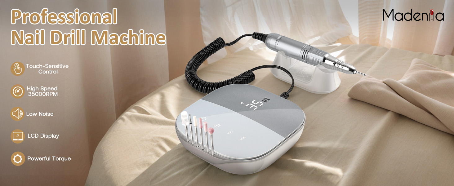 Електричний апарат для манікюру та педикюру Madenia TouchPro – професійний фрезер для гелевих нігтів з HD-дисплеєм та 6 насадками (сірий)