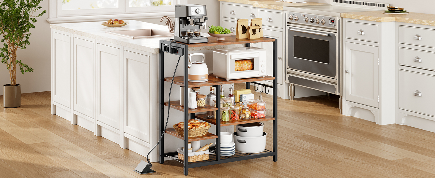 HOOBRO Поличка кухонна з розеткою (3 розетки з вимикачем), підлогова, для мікрохвильової печі з 3 знімними S-гачками, 5 ярусів, для кухні та вітальні, вінтажний коричневий та чорний колір, EBF25CHB01