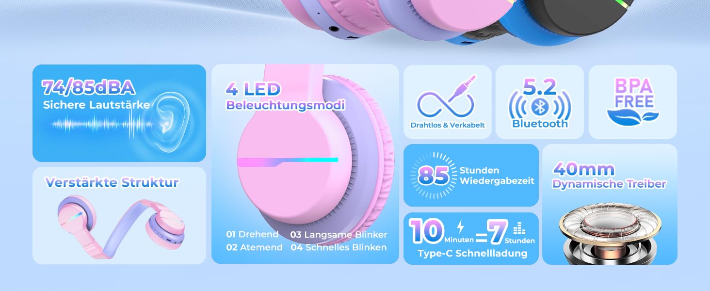 iClever Бездротові навушники для дітей 2 шт. з LED-підсвічуванням, Over-Ear, обмеження гучності 74/85 дБ, 85 годин роботи, Bluetooth 5.2, мікрофон, чорний/рожевий