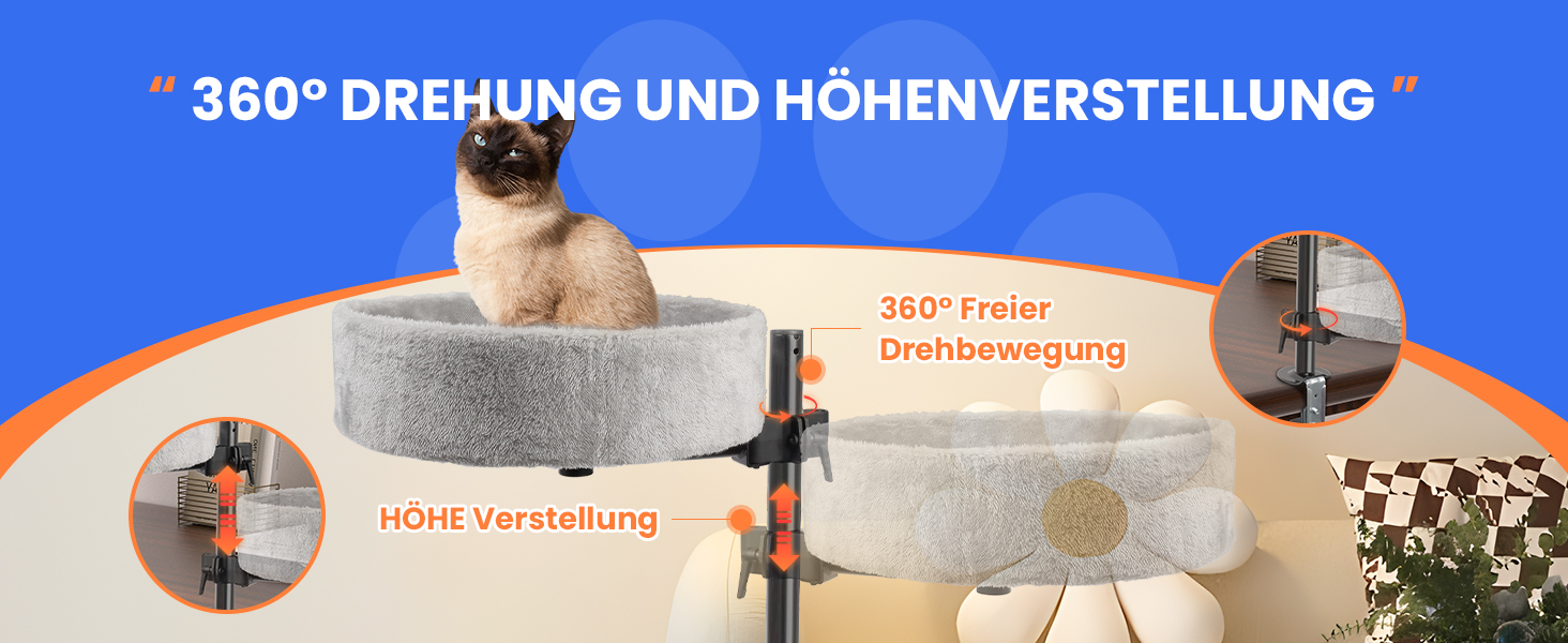 BSWAY Крісло-гніздо для кота на стіл - Покращена 360° обертання, регульована висота, без свердління. Підвищене котяче ліжко над столом. Тримає кошеня/кота близько, робочий простір вільний. Крісло-ліжко для кота на стіл (Сірий, XL)