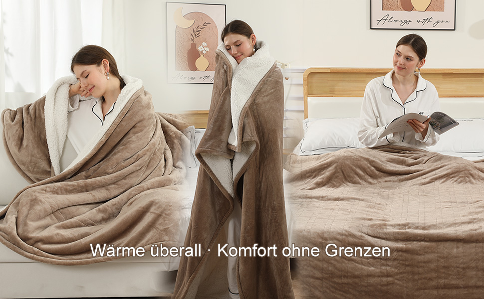 Електрична ковдра COZYTY 150x200 см з таймером та захистом від перегріву, фланель, 6 режимів нагріву, машинне прання (Бежева)