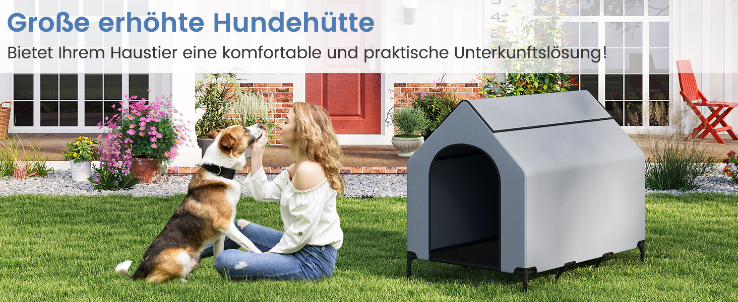 Будка для собак COSTWAY 2 в 1 з піднятим ліжком, Outdoor, сірий Оксфорд (84 x 132 x 114 см)