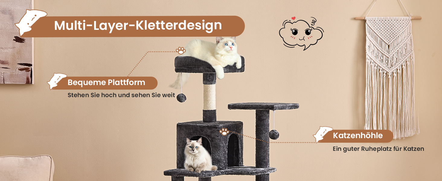 Кігтеточка для котів MSmask велика, багатоповерхова з платформами, печерами та гамаком, обтягнута сизалем (темно-сіра)