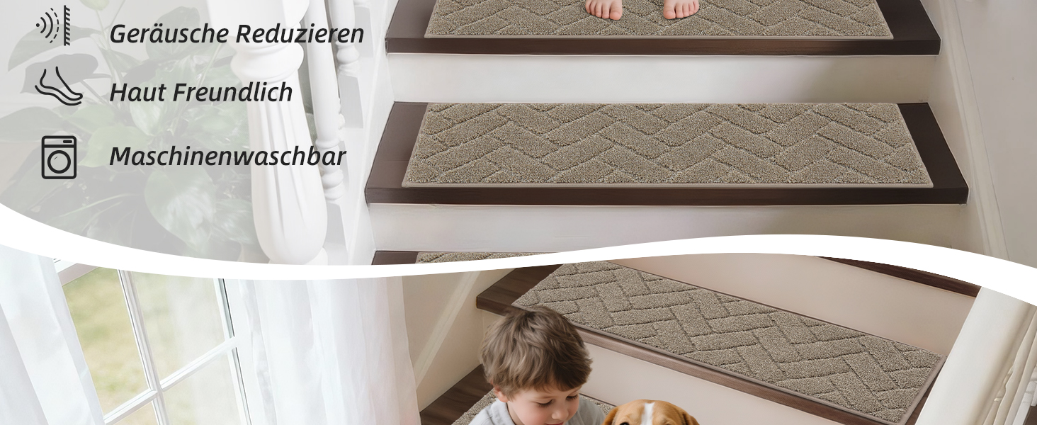Килимки на сходи BEQHAUSE, 4 шт, 22x70 см, бежеві, антиковзкі, для дітей та літніх людей, машинне прання, TPE основа