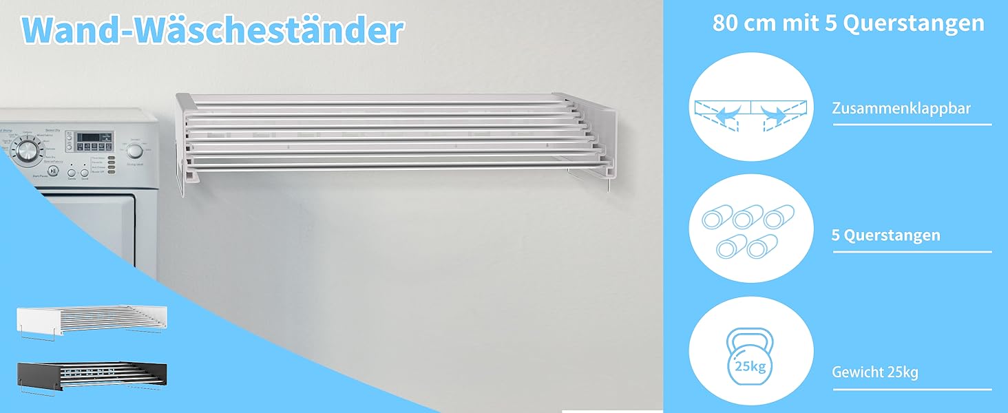 Настінний сушильник для білизни з довгими стіжками, 5 ліній сушіння, розкладний, для дому та вулиці, ванна кімната (білий, 80 см)