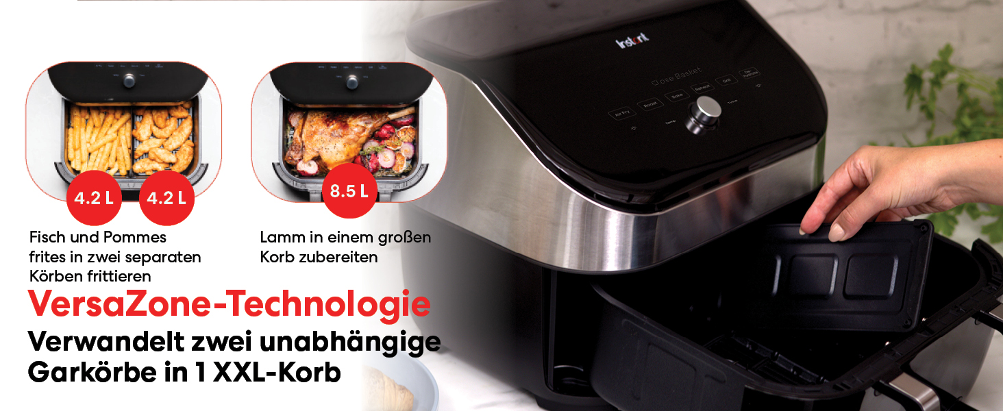Аерофритюрниця Instant VersaZone XXL 8.5л з двома камерами - Цифрова, нержавіюча сталь, 8 програм: смаження, випікання, гриль, сушка, підігрів