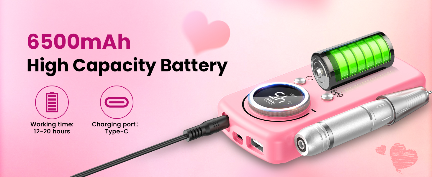 Професійний портативний фрезер для нігтів 45000 об/хв з LCD-дисплеєм (рожевий)