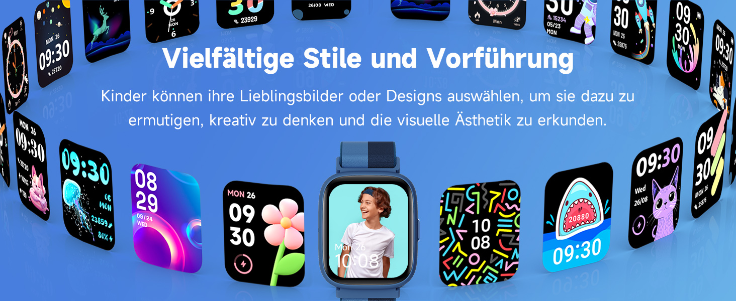 Смарт-годинник BIGGERFIVE для дітей, 1.8' екран, фітнес-трекер з підрахунком кроків, пульсометр, моніторинг сну, будильник, 5 ігор, водонепроникність IP68, ремінець з нейлону блакитного кольору