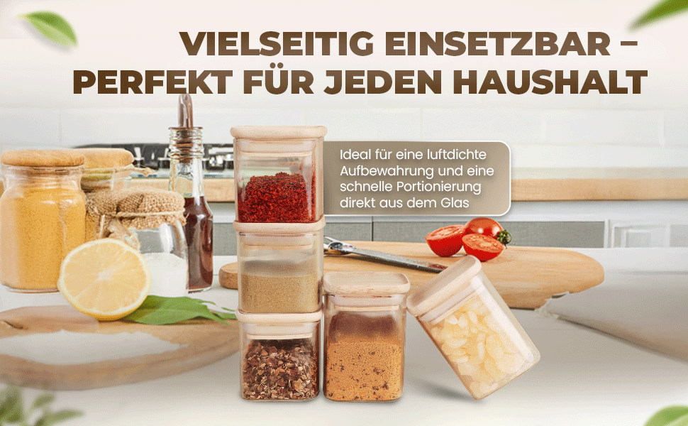Stackable Spice Jars Set 150 ml Square - 12 Pieces - Airtight Glass Storage Containers - Bamboo Wood Lids - with Labels & Chalk Pen - Spice Storage, Kitchen Organization, Storage Jar