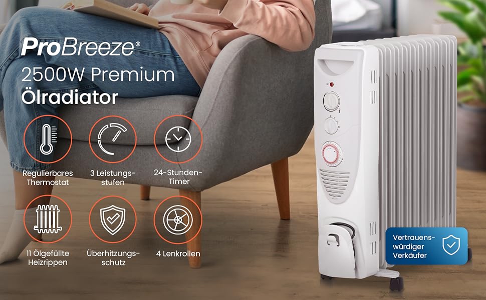 Електричний масляний радіатор Pro Breeze 2500W, обігрівач з 11 секціями, 3 режимами потужності, термостатом та таймером на 24 години, захист від перегріву та перекидання, білий