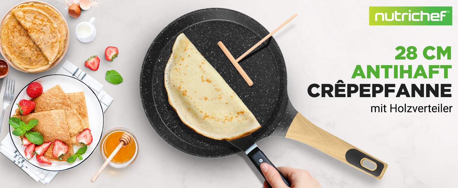 Пательня для млинців Nutrichef 28 см з антипригарним мармуровим покриттям, індукційна, з дерев'яною лопаткою