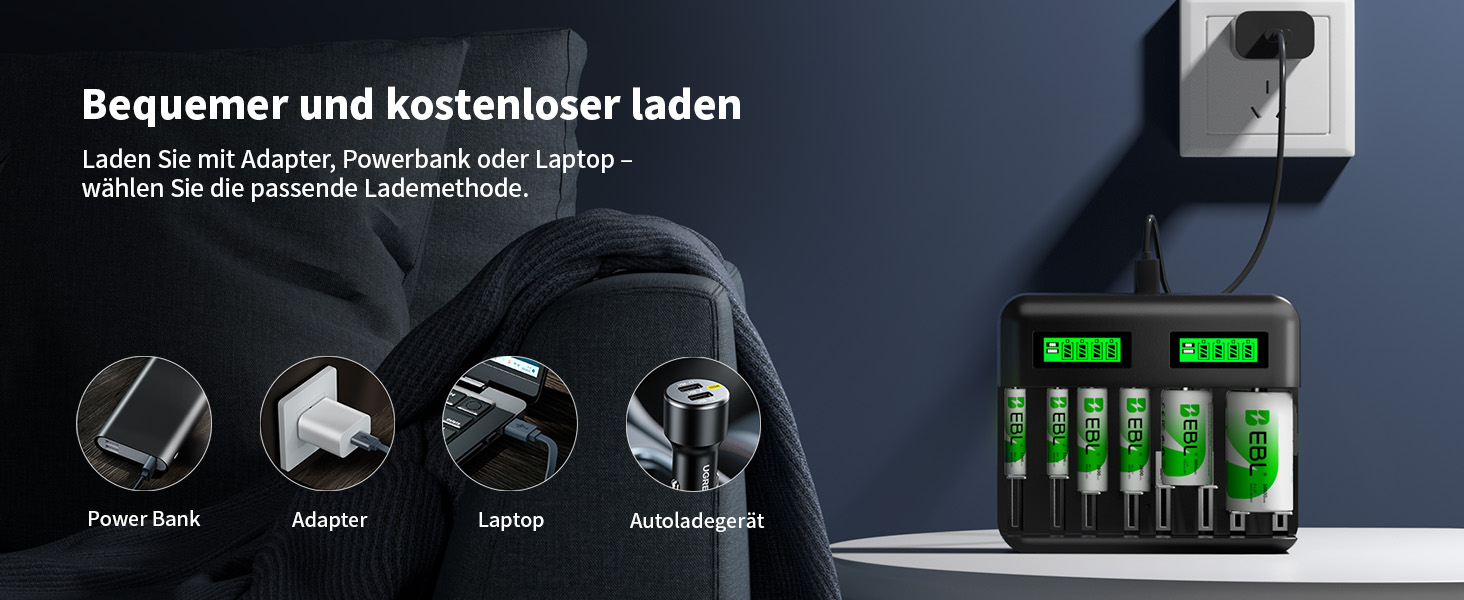 Зарядний пристрій EBL для акумуляторів AA AAA C D NI-MH, Type-C, LCD дисплей, швидка зарядка