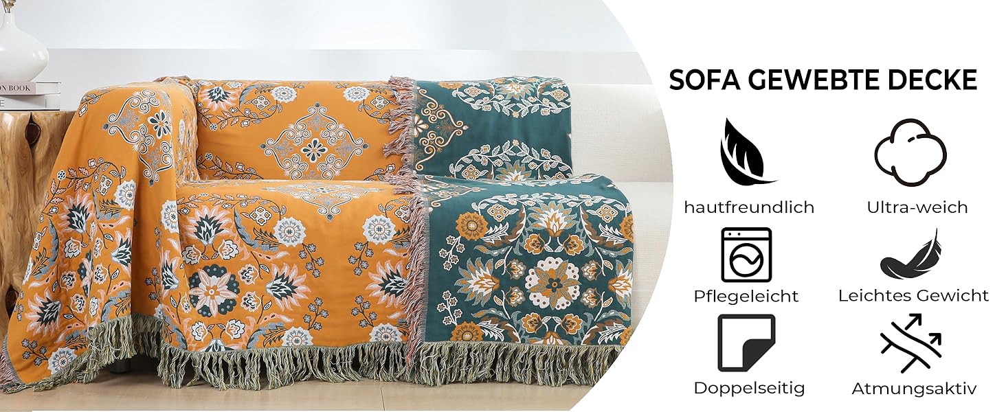 Покривало HOORDRY Boho для ліжка та дивана, бавовняна двостороння ковдра 150×200 см з китицями, жовто-зелене, для спальні та вітальні