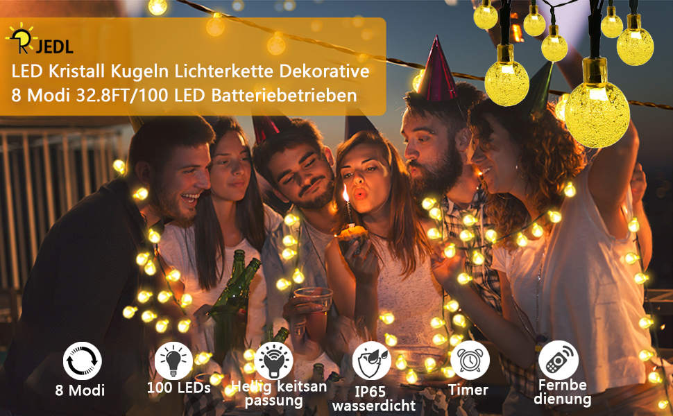 Ланцюжок вогнів RJEDL для декору: 12м, 100 LED, кулі, 8 режимів, IP67, пульт, тепле світло, для дому та саду