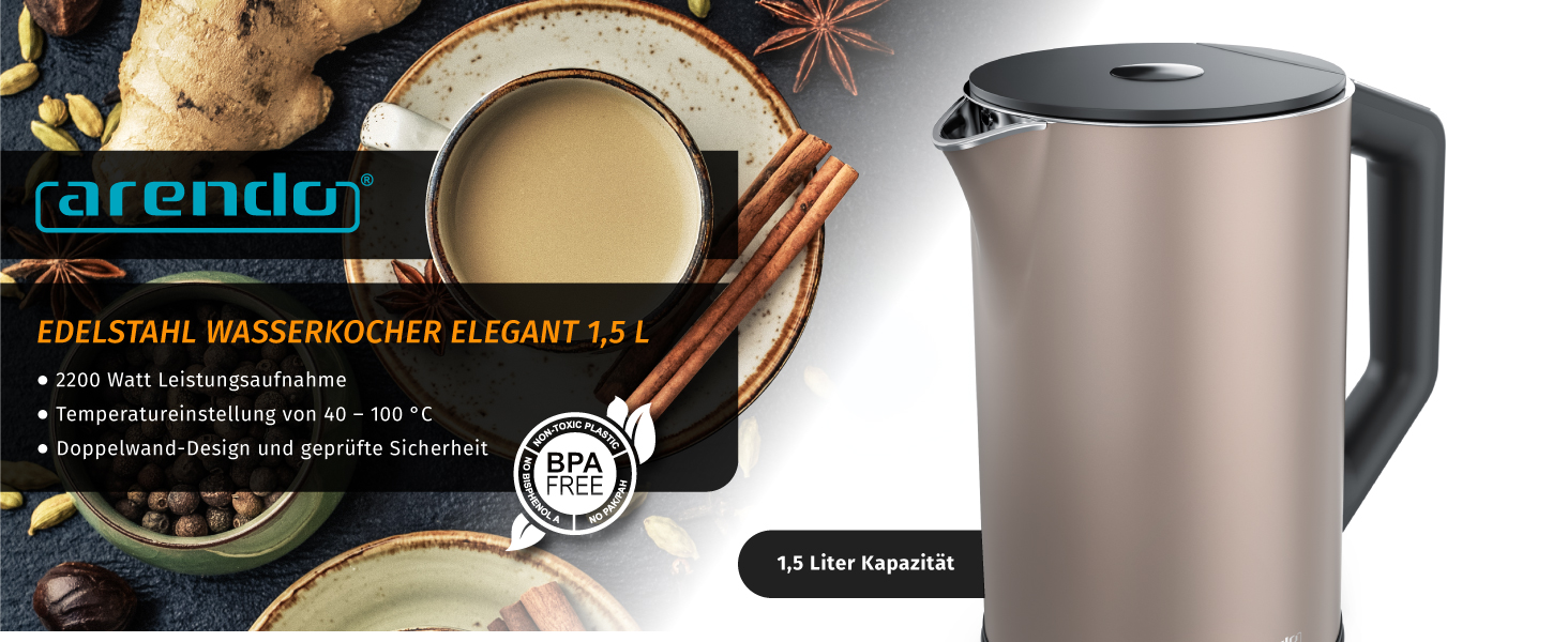 Arendo - Stainless Steel Kettle with Temperature Setting 40-100 Degrees in 5 Degree Increments - Double-Walled Design - Model ELEGANT - 1.5 Liter - 2200 W - Tea Kettle with Temperature Display - GS - Black (E: Bronzo)
