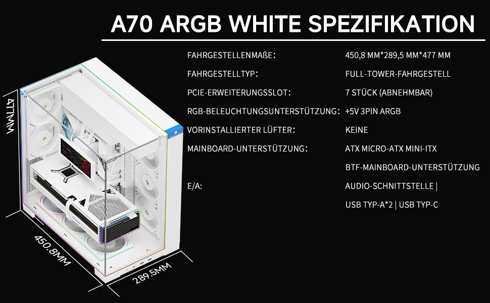 Ігровий корпус Thermalright TR A70 WHITE ATX з LCD-дисплеєм 9.16'', панорамною підсвіткою та підтримкою 8 вентиляторів
