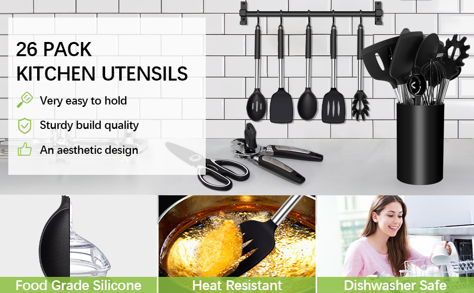 Kitchen Helper Set, 26-Piece Silicone Kitchen Utensils Set, Heat-Resistant Cookware with Utensil Holder, Silicone Spatulas, Cooking Spoons, Anti-Stick Spatulas, BPA Free, Dishwasher Safe, Black