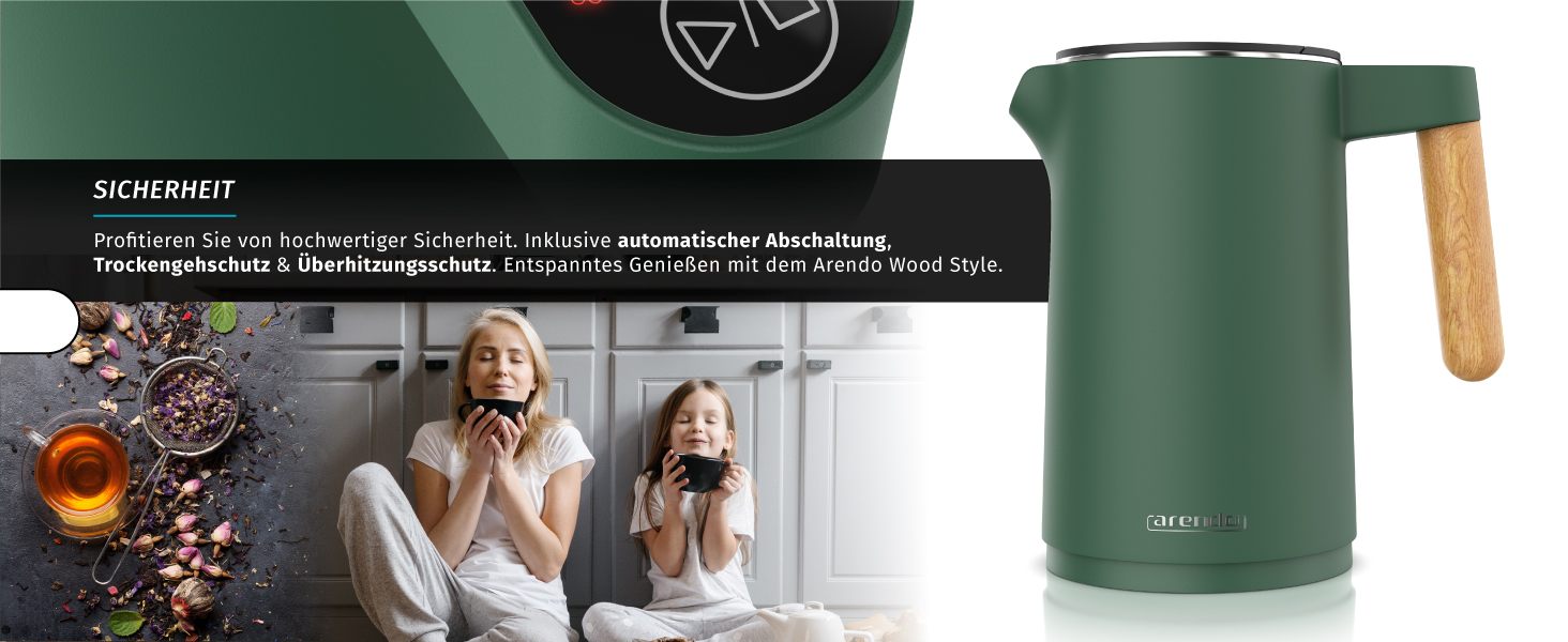 Електричний чайник Arendo з регулюванням температури (45°C-100°C), 1.5 л, з подвійними стінками, без BPA, з функцією підтримання тепла, зелений