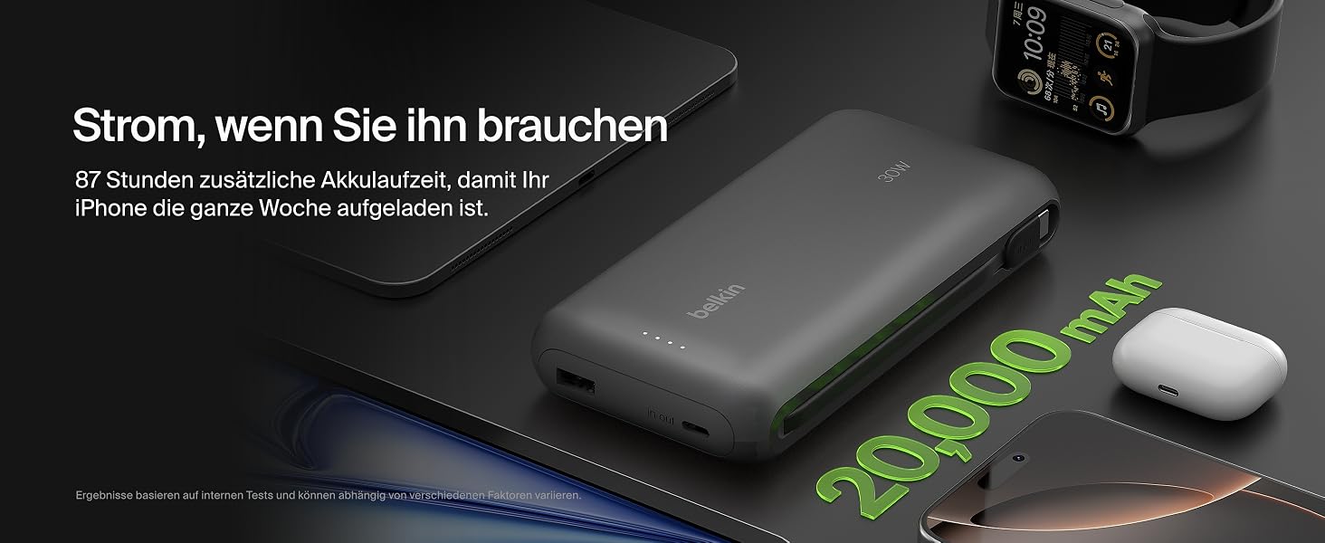 Зовнішній акумулятор Belkin Portable Powerbank 20000 mAh 30W з вбудованим кабелем USB-C PD для iPhone 16, iPad Pro, Samsung Galaxy S25, чорний