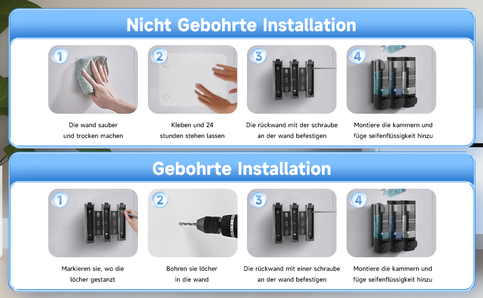 Настінний диспенсер для мила та гелю для душу з 3 відсіками (300мл, ABS, чорний)
