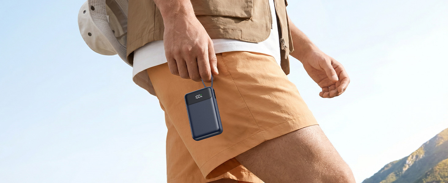 Компактний зовнішній акумулятор ADDTOP 20000mAh з 4 вбудованими кабелями, швидка зарядка 22.5W, рожевий