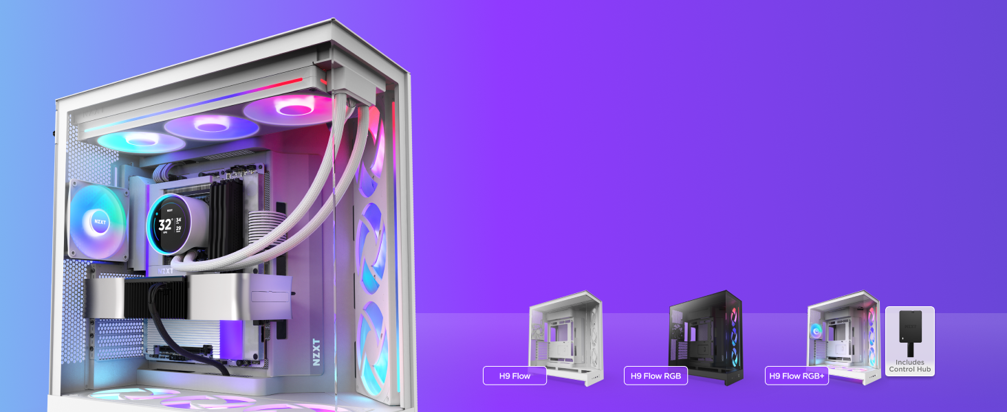 Корпус ПК NZXT H9 Flow 2025 – великий Mid-Tower з двома камерами, чорний – 3 x 140мм та 1 x 120мм вентилятори, підтримка радіатора 420мм, загартоване скло, Back-Connect